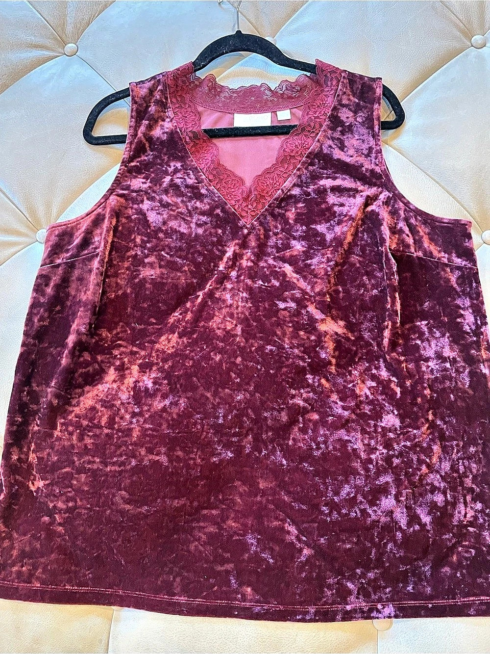 Belle Boho Velvet Lace Trim Tank Top in Burgundy XL